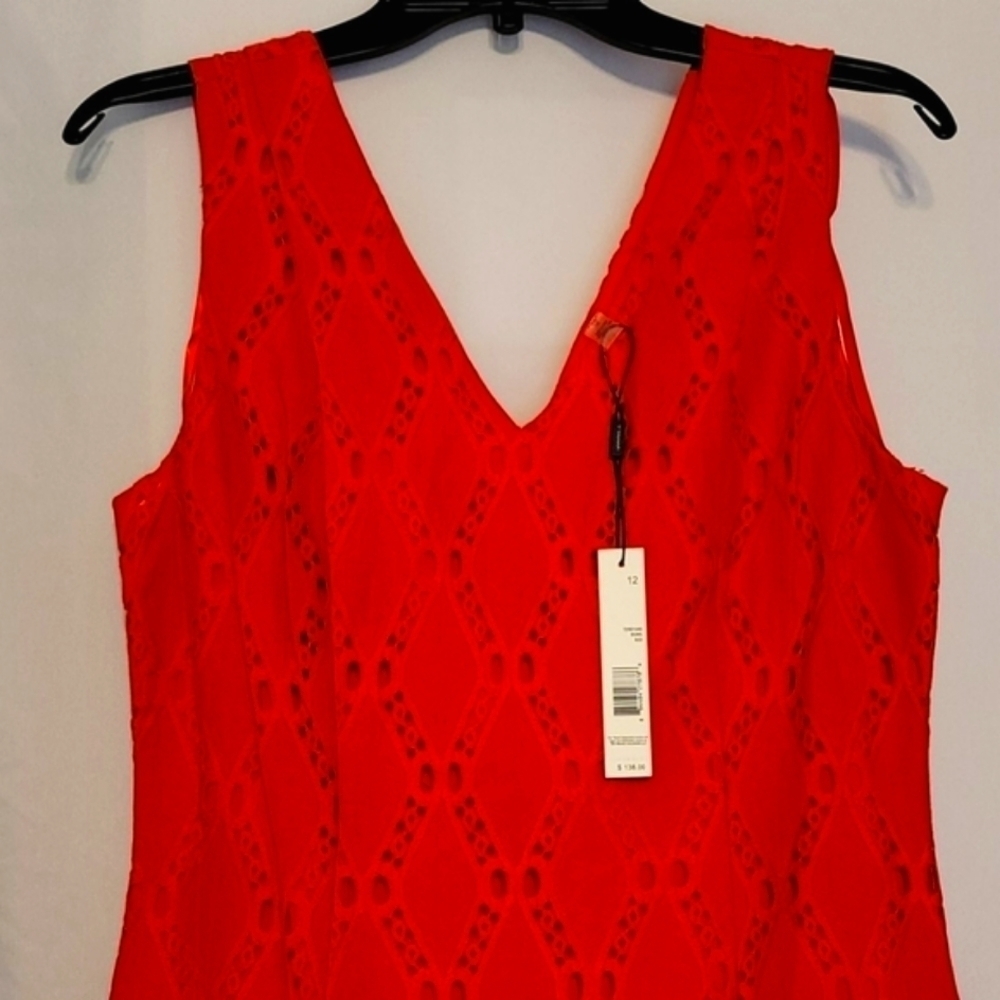 𝅺Tahari Women's Red Lattice Lace Midi Dress - Picture 7 of 9
